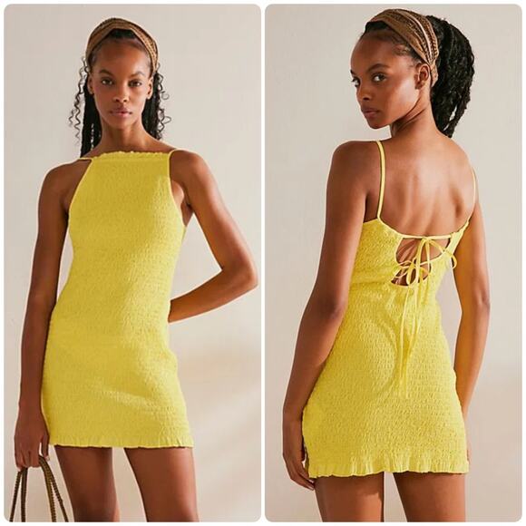 NEW Size Medium Free People Free-Est Iyla Smocked Mini Dress in Blazing Yellow - Picture 2 of 9
